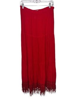 Red Tiered Fringe Hem Maxi Skirt